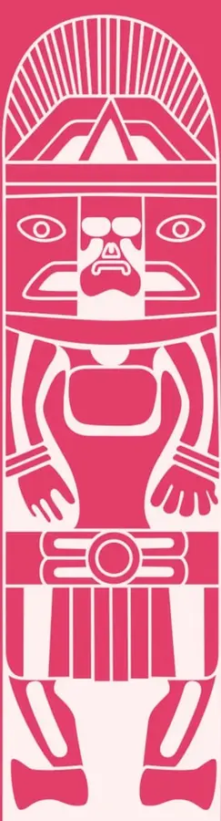 Figura antropomorfa estilizada en color rosa sobre fondo blanco, con tocado radiado, rostro con ojos y boca marcados, brazos extendidos y piernas con pies en forma de botín. Evoca un petroglifo o representación simbólica prehispánica.