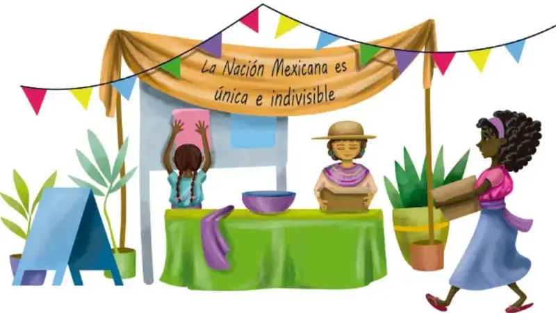 Ilustración de un puesto de la Fiesta de la cultura con un letrero que dice 'La Nación Mexicana es única e indivisible', adornado con banderines de colores. Aparecen tres personas: una niña de espaldas colocando un cartel, una mujer con sombrero y vestimenta tradicional detrás de una mesa verde, y una niña afrodescendiente cargando una caja con plantas.