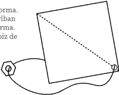 Hoja de papel con un pliegue diagonal punteado entre dos esquinas y una tuerca con hilo en la esquina inferior, ilustrando el paso de formar el triángulo.