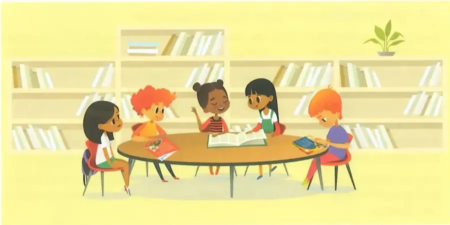 Ilustración de estudiantes trabajando juntos alrededor de una mesa en una biblioteca.