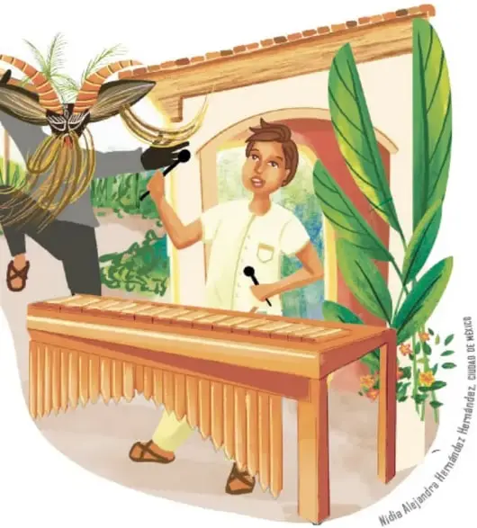 Ilustración de tres personas: dos mujeres con vestidos coloridos bailando y un músico tocando la marimba, en un ambiente festivo.