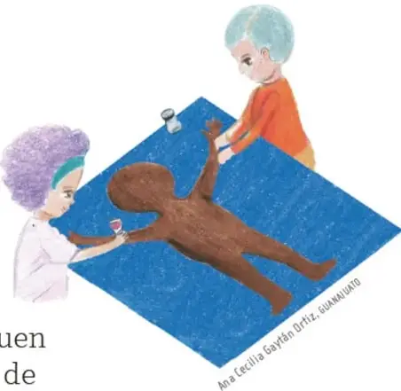 Ilustración de dos niñas aplicando pegamento y aserrín sobre una silueta humana acostada en una hoja de reúso azul. Crédito: Ana Cecilia Gaytán Ortiz, Guanajuato.