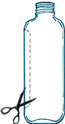 Dibujo de una botella de plástico con una línea punteada que indica el corte rectangular, junto a unas tijeras.