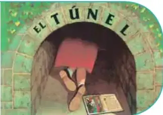 Ilustración de un túnel con un cartel que dice «EL TÚNEL» y una persona asomándose con un libro.
