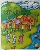 Ilustración de pueblo a orillas del río.