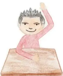 Ilustración de un niño con la mano alzada sentado en su pupitre, con el pie de foto '¡Yo quiero participar!'
