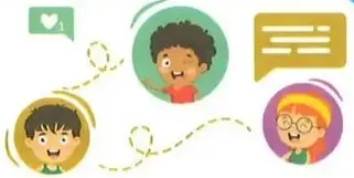 Ilustración de varios niños y una persona adulta relacionados con la comunicación y la convivencia.