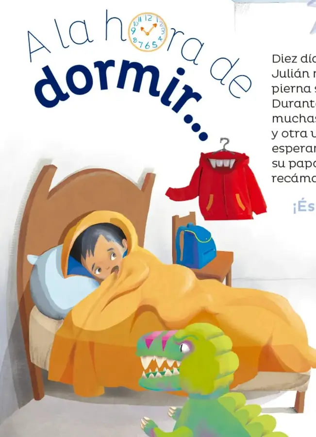 Título del cuento "A la hora de dormir..." con un reloj dibujado dentro de la letra o.