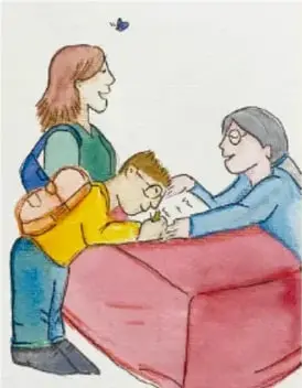 Ilustración de una familia conversando con una persona mayor junto a una mesa, como ejemplo de diálogo comunitario.