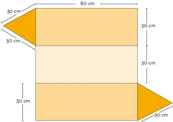 Desarrollo plano del prisma: tres rectángulos apilados (80 cm de ancho) con un triángulo arriba a la izquierda y otro abajo a la derecha, todos de 30 cm.