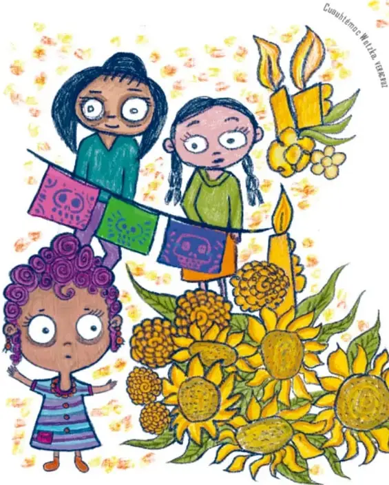 Alejandra y dos amigas entre velas encendidas, papel picado de colores (con calaveras) y un gran arreglo de flores amarillas (cempasúchiles y girasoles).