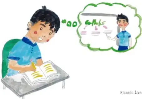 Ilustración de un estudiante escribiendo en su cuaderno y pensando en un compañero que expone frente al pizarrón.