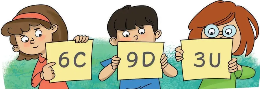 Tres niños (niña con cinta roja, niño de pelo oscuro y niña con lentes) sostienen tarjetas con la escritura 6C, 9D y 3U respectivamente.
