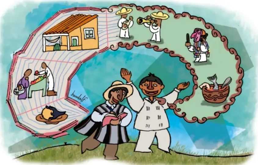 Ilustración de dos personajes: uno con sombrero y libreta roja (Alpor) y otro con ropa blanca (Liac). Alrededor, en forma de camino, se ven escenas de la comunidad: una casa, músicos con trompeta y tambor, una mujer con vestimenta tradicional, una olla con pescado y una familia comiendo. Firma: Julio César Banda Tecalco, Veracruz.