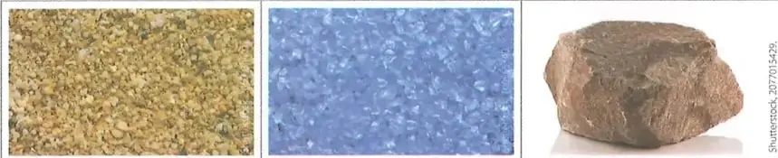 Tres imágenes de materiales asociados a un cráter: sedimentos o grava, material vítreo y una roca.