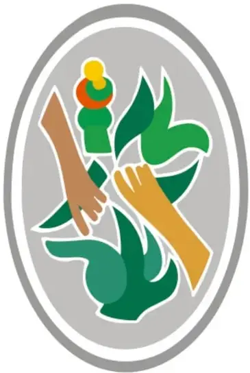 Escudo ovalado de la ciudad de Acapulco, Guerrero: manos de distintos colores que destruyen hojas y tallos verdes y ocre (carrizos), con una pequeña corona o flor arriba.
