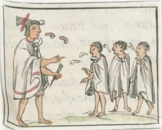 Ilustración de códice: una persona de pie con tocado habla y señala con la mano a tres personas que la escuchan; de su boca salen símbolos de voz.