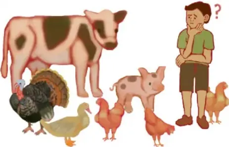Ilustración de un niño pensativo junto a una vaca, un guajolote, un pato, un cerdo y gallinas; representa la escena del relato en el pueblo.