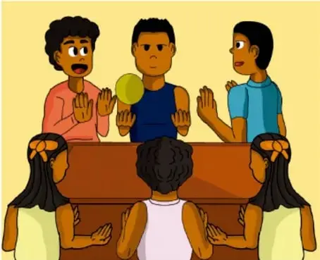 Dibujo de cinco niños y niñas reunidos alrededor de una mesa levantando las manos y hablando, como en asamblea, con una pelota amarilla en el centro. Crédito: Oscar Felipe Arellano Valls, Guerrero.