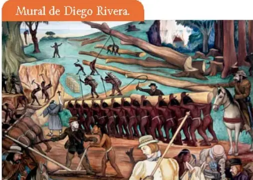 Mural de Diego Rivera que representa escenas de la colonización y explotación indígena en la Nueva España.