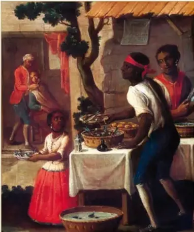 Pintura colonial de ca. 1770 titulada 'De barcino y mulata nace tornatrás de pelo liso', que muestra una escena doméstica con personas de distinta ascendencia. Museo Nacional de Historia, Castillo de Chapultepec, INAH.