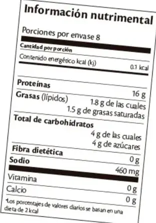 Etiqueta de información nutrimental de un producto alimenticio que muestra contenido energético, proteínas, grasas, carbohidratos, fibra, sodio, vitaminas y calcio.