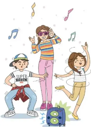 Ilustración de tres niños bailando y escuchando música con un equipo de sonido. Crédito: Juan Pablo Dorantes Pineda, Ciudad de México.