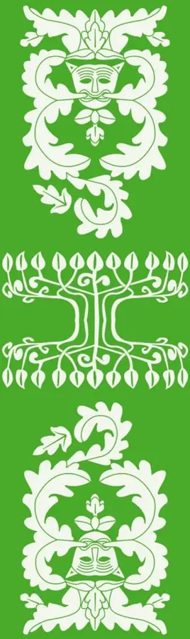 Franja verde con tres ornamentos decorativos en blanco: dos figuras vegetales estilizadas con rostro humano en la parte superior e inferior, y un árbol estilizado en el centro con ramas y raíces simétricas.