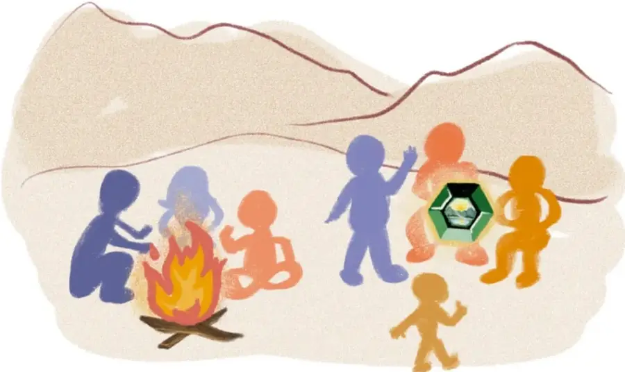 Ilustración de un paisaje al aire libre con figuras humanas de colores (azul, naranja, morado) alrededor de una fogata; una figura sostiene un objeto hexagonal con un paisaje interior. Al pie: Debbie Vieyra Laguna, BAJA CALIFORNIA.