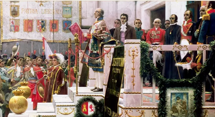 Óleo 'Cortes de Cádiz de 1812' de Salvador Viniegra (1912), que muestra la solemne apertura de las Cortes con el lema Patria y Libertad y la Constitución política de la Monarquía Española.