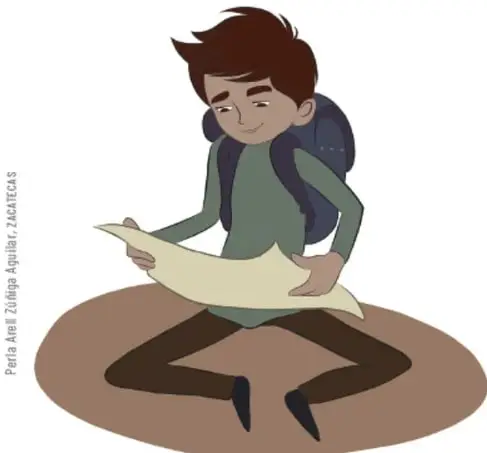 Ilustración de un joven sentado leyendo un mapa, con mochila, sobre un fondo circular café.