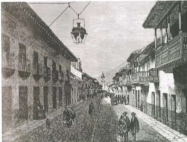 Grabado de una ciudad latinoamericana del siglo XIX, con calles, edificios y transeúntes. El pie de imagen indica que las ciudades crecieron en población y adquirieron importancia en la toma de decisiones políticas.