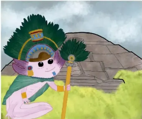 Ilustración de una niña con penacho de plumas verdes y bastón, de pie frente a una pirámide escalonada bajo un cielo nublado; crédito: Dulce Juliana Martínez Martínez, Estado de México.