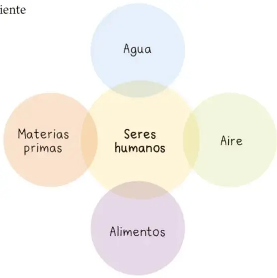 Esquema circular con los seres humanos al centro y cuatro círculos alrededor: Agua (arriba), Materias primas (izquierda), Aire (derecha) y Alimentos (abajo).