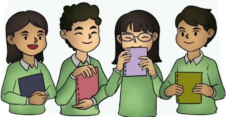 Ilustración de cuatro estudiantes con uniforme verde sosteniendo cuadernos de distintos colores; representan el trabajo en comunidad para elaborar el compendio de argumentos.