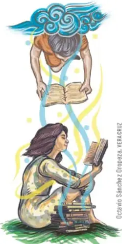 Ilustración de una persona mayor y una joven leyendo, con remolinos de viento o pensamiento alrededor; alude a la imaginación y la lectura.