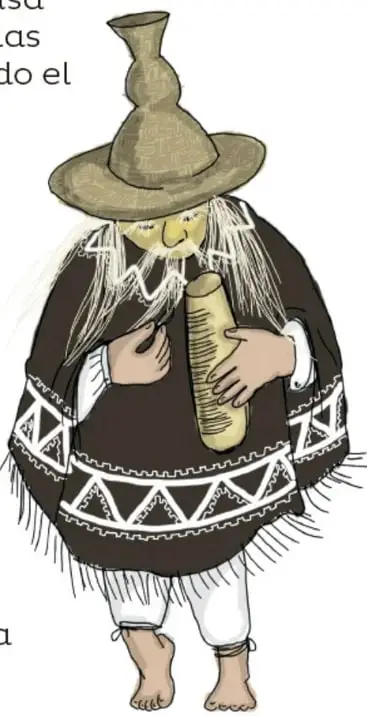 Anciano barbudo con sombrero de palma y capa negra bordada tocando un instrumento alargado, descalzo.