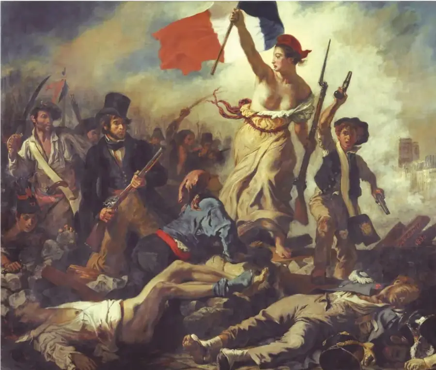 Pintura La libertad guiando al pueblo de Eugène Delacroix: una mujer con bandera francesa lidera a un grupo armado entre cuerpos caídos, símbolo de la lucha revolucionaria.