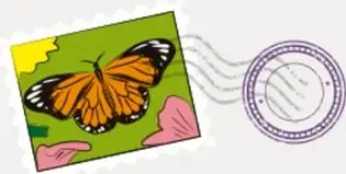 Estampilla con una mariposa monarca naranja y negra sobre fondo verde, con sello circular morado.