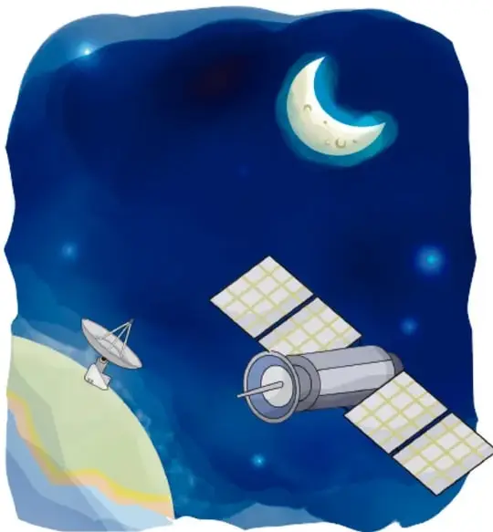 Ilustración de un satélite artificial con paneles solares en órbita alrededor de la Tierra, con una antena parabólica en el suelo y una luna creciente en el cielo nocturno.
