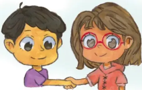 Ilustración de un niño y una niña dándose la mano en saludo, estilo acuarela infantil.