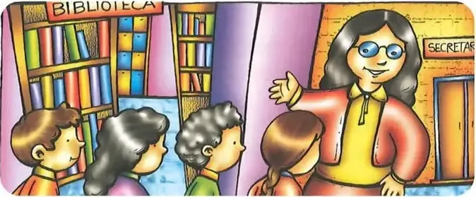 Ilustración de estudiantes en la biblioteca y una trabajadora o secretaria de la escuela, relacionada con la comunidad educativa.