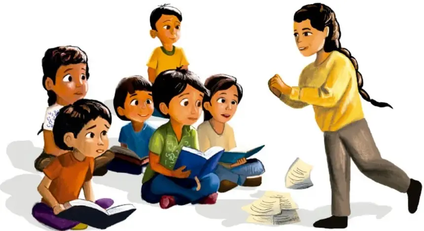 Ilustración de un grupo de niños sentados en el suelo con libros abiertos frente a una niña de pie que actúa con gestos; otros papeles caen al lado. Crédito: Rodrigo Gael Martínez Zúñiga, Ciudad de México.