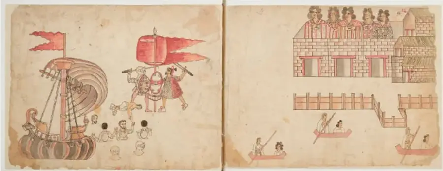 Ilustración de un códice antiguo: a la izquierda, una embarcación con velas y personas; a la derecha, una construcción escalonada con personas en la parte superior y canoas en el agua.