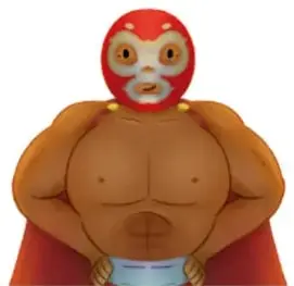 Luchador enmascarado de rojo y dorado, con crédito 'Karla Eréndira Pérez Olmos. MICHOLAJ'.