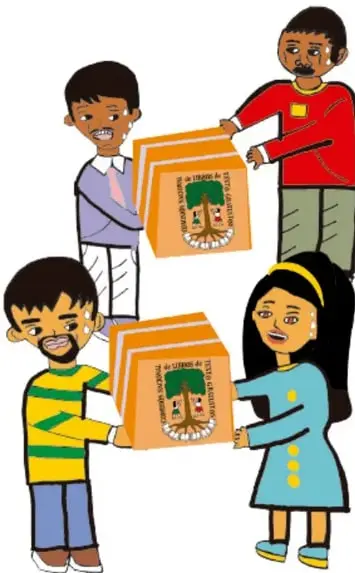 Ilustración de un grupo de niñas, niños y adultos recibiendo y repartiendo cajas de libros de texto gratuitos frente a una pila de cajas; crédito de Ruttila Vega Rubio, Tlaxcala.