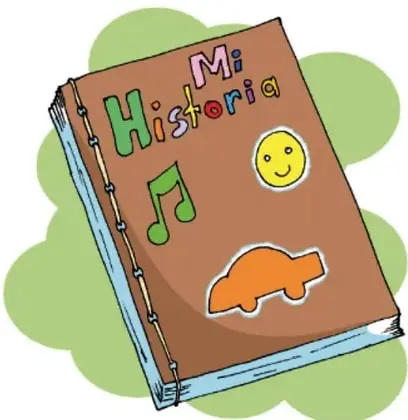 Portada de un libro álbum artesanal titulado 'Mi Historia' con pegatinas (carita feliz, nota musical, carro naranja) sobre fondo verde. Crédito: Irene Reyes Santiago, ESTADO DE MÉXICO.