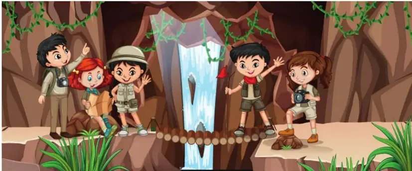 Cinco niños exploradores en una cueva con una pequeña cascada y un puente.