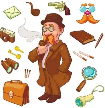 Ilustración de un detective adulto con monóculo y pipa rodeado de íconos (sobre, pipa, revólver, lupa, billetera, libro, llaves, binoculares, linterna).