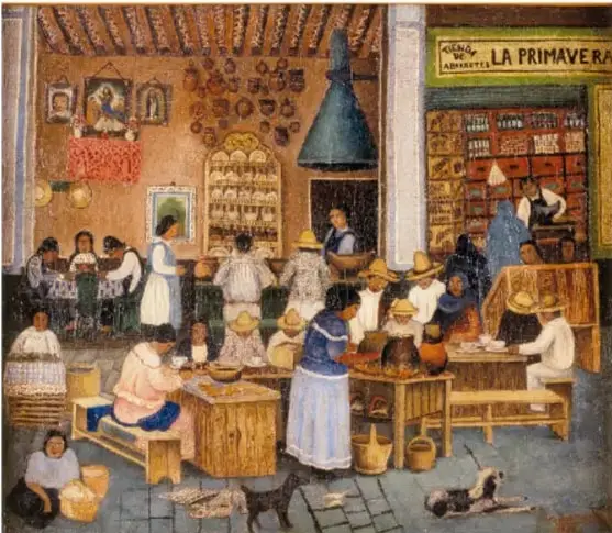Pintura «En el almuerzo», 1930, de Ezequiel Negrete Lira (1902-1961): personas comiendo y conversando en una cocina tradicional mexicana con cazuelas colgadas y una tienda llamada «La Primavera» al fondo.